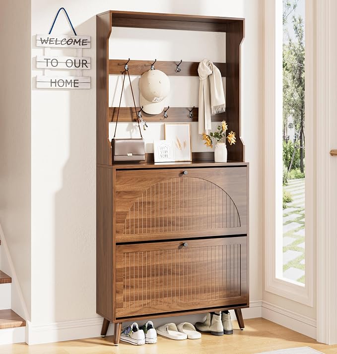 Fsbecl Shoe Cabinet for Entryway with 2 Flip Drawers & Coat Rack, Narrow Hidden Shoe Storage Cabinet with Fluted Panel, 2-in-1 Hall Tree Slim Freestanding Shoe Rack Organizer for Hallway, Walnut by Fsbecl