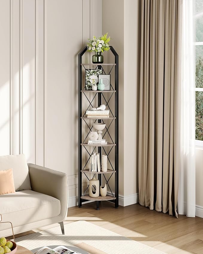 CHOEZON 6-Tier Corner Shelf, Industrial Corner Bookshelf, 71.2" Corner Storage Stand, Plant Stand Display Shelf, Corner Bookcase for Bedroom, Living Room, Home Office, Greige and Black TCJ11BG - Image 5
