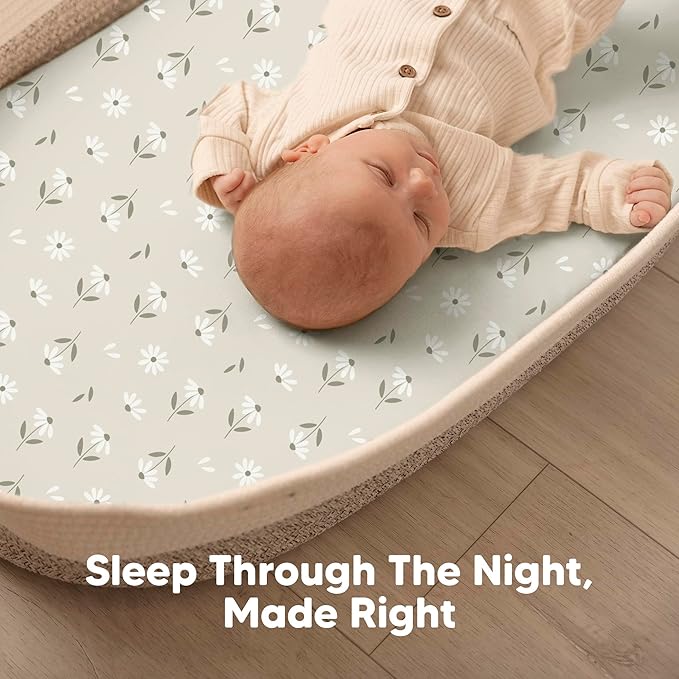 2-Pack Baby Bassinet Sheets Girl, Boy - 33x17 Viscose Derived from Bamboo Bedside Mattress Fitted Bassinet Sheets, Compatible with Halo Bassinest Swivel Sleeper, Baby Delight, Graco (Daisies)