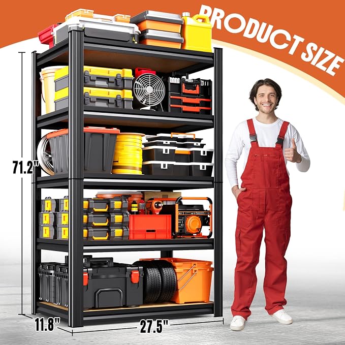 71.2''H Storage Shelves, 2000lbs Garage Shelving,Adjustable Heavy Duty Shelving Unit,5T Tall Garage Shelves，Wood Metal Standing Shelf Units,Utility Rack for Kitchen 71.2''H*27.5''W*11.8''D - Image 3