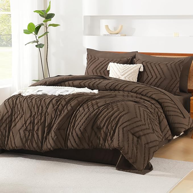 Litanika California King Size Comforter Set with Sheets Brown - 7 Pieces Bed in a Bag Cal King Chevron Tufted Complete Bedding Sets with Comforter, Sheets, Pillowcases & Shams