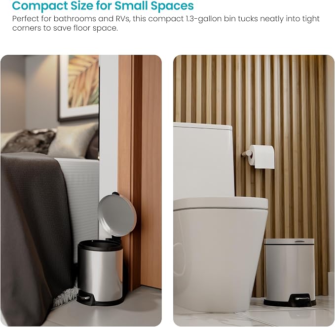 Home Zone Living 1.3 Gallon Bathroom Trash Can with Soft-Close Lid and Compact Stainless Steel Design - Image 2