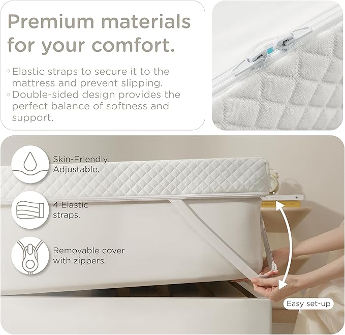 KUB 3 Inch Thick Memory Foam Mattress Topper Queen Size 60x80 Inch 3 Inch-Pain Relief Bed Topper with Breathable Cover White