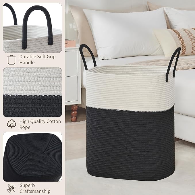 AINUOQI Laundry Basket with Handles - Blanket Basket & Hampers for Bedroom Aesthetic, Laundry Hamper & Blanket Storage for Living Room, Clothes Hamper, Tall, Large 17" x 14" x 25”, White & Black - Image 2