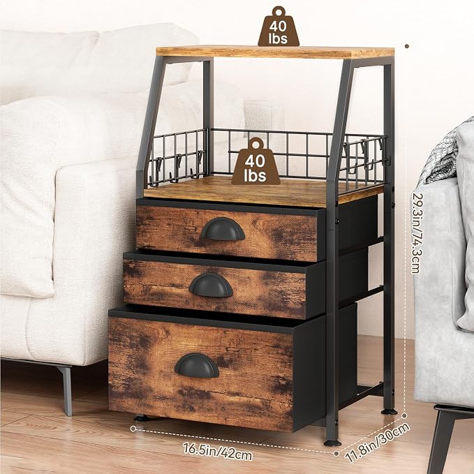 LASZOLA 3 Fabric Drawers Organizer Tower with 6 Hooks and 2 Shelves, Small End Side Table for Printer with Chest of Files Drawers, Ideal for Bedroom Living Room Office Dorm Under Desk, Rustic Bronze - Image 3