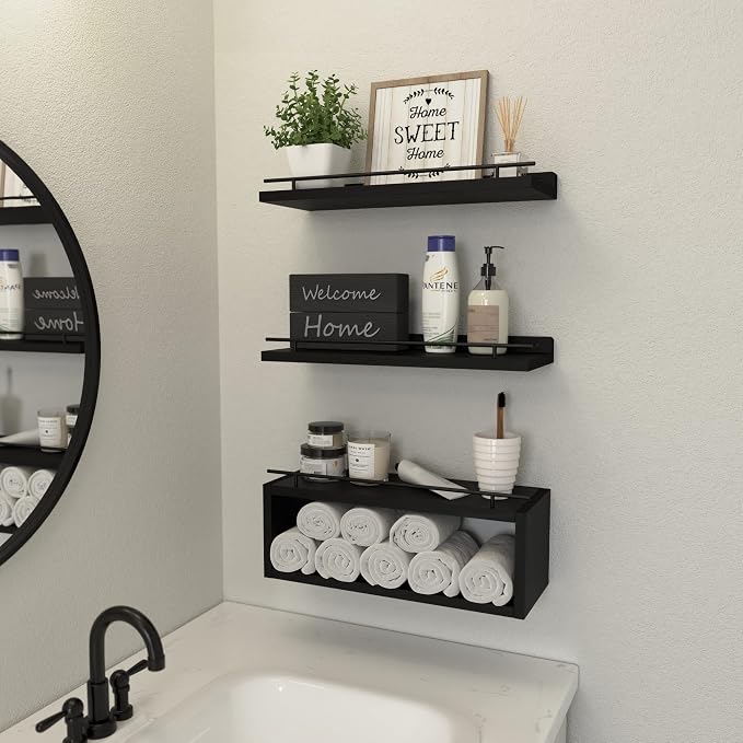 WOPITUES Floating Shelves for Wall with Cube Shelf, Wall Shelves with Metal Rail for Bathroom Decor, Bathroom Organizers and Storage, Over Toilet Shelves for Toilet Paper-Black - Image 6