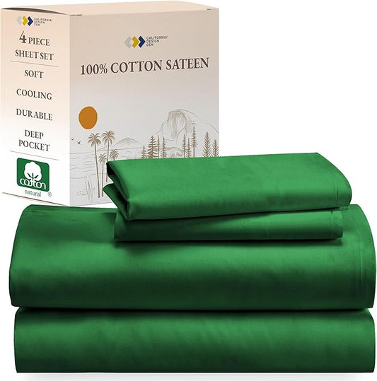 California Design Den King Size Sheets Set - Natural 100% Cotton Bed Sheets King Size Set with Deep Pockets, Soft Sateen Weave, Breathable and Durable Bedding (Emerald Green)