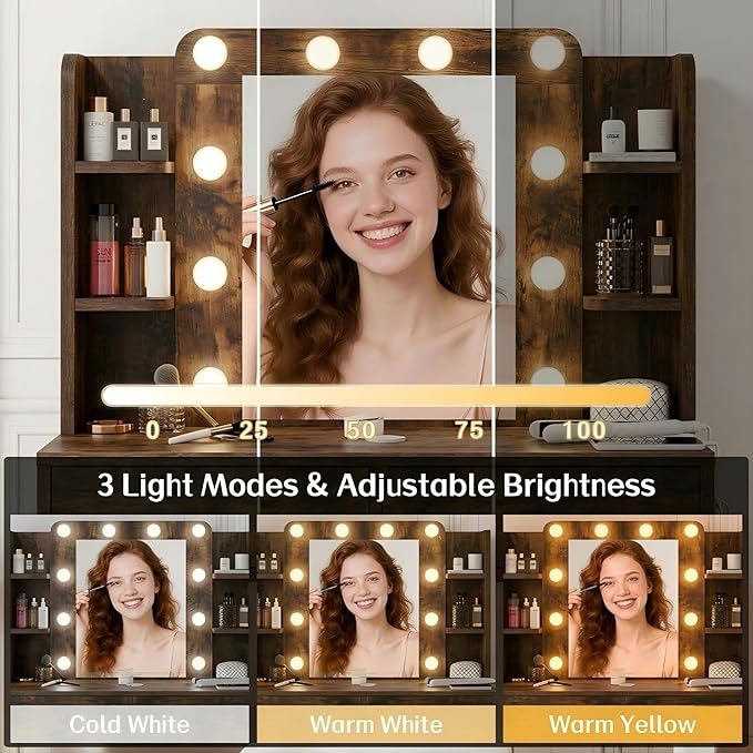 Haewon Vanity Desk with Mirror and Lights, Makeup Vanity with 10 LED Bulbs and 3 Color Modes, Dressing Table Set with Power Outlets, Storage Drawers and Chair for Bedroom, Vintage Brown