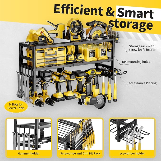 Power Tool Organizer Wall Mount Heavy Duty 320 lbs, 3 Layers Storage Rack with 9 Drill Holders & Battery Storage, cordless tool organizer for Garage, Workshop & Tool Room - Image 4