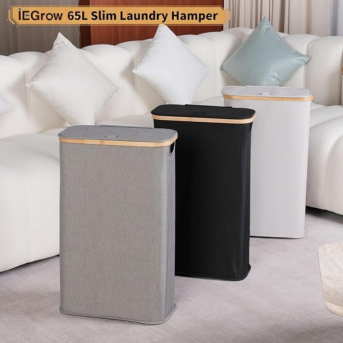 iEGrow 65L Slim Laundry Hamper, Narrow Laundry Basket with Lid,Foldable Clothes Hamper with Bamboo Handles,Hamper Basket with Removable Inner Bag for Laundry Room Bedroom College Dorm,17.17 Gals Grey - Image 4