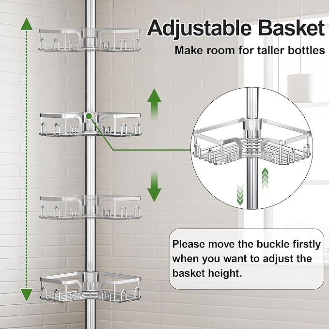 Corner Shower Caddy Tension Pole 4 Tier Adjustable Stainless Steel Shower Shelf for Inside Shower Bathtub Shampoo,Standing Bathroom Organizer Shelves with 39 to 113 inch Height - Image 3