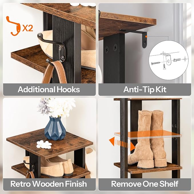 HOOBRO 8 Tiers Vertical Shoe Rack, Wooden Shoe Storage Organizer with Hooks, Narrow Shoe Tower for 8 Pairs, Space Saving, for Entryway, Living Room, Bedroom, Rustic Brown BF07XJ01G1 - Image 5