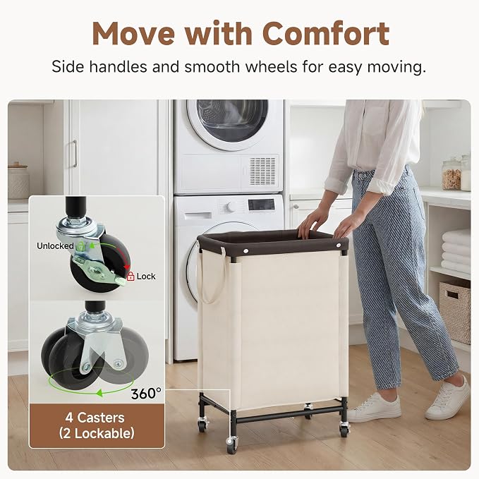 StorageWorks Laundry Hamper, 90L Rolling Laundry Sorter Cart with Removable and Washable Liner Bag, Clothes Hamper with Wheels and Handle for Laundry Room and Bedroom, Beige - Image 3