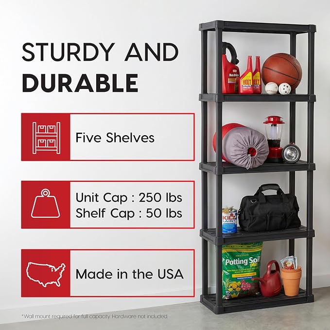 IRIS USA 5-Shelf Light Duty Plastic Storage Shelves, 250lb Capacity, 64" H x 24" W x 12" D, Medium Modular Shelving Unit Storage Organizer for Bathroom, Laundry, Garage & Home, Storage Rack - Black - Image 3