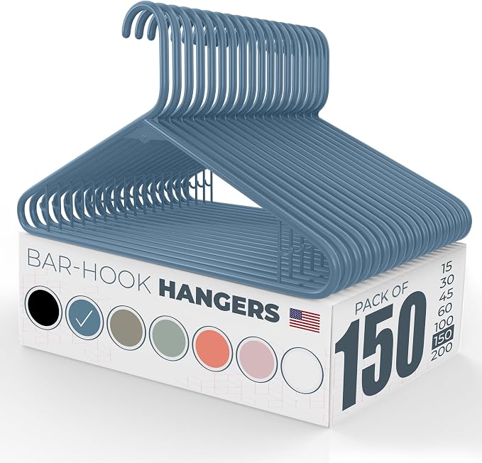 Neaties Plastic Hangers 100+ Pack (150 Count) – Made in the USA – 6lb Capacity Standard Clothes Hangers with Strap Hooks for Dresses, Lingerie, Shirts, Pants, and Jackets – Blue by NeatiesHangers