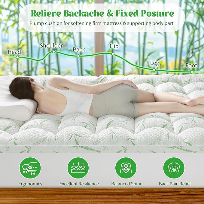 3 Inch Mattress Topper - Viscose Made from Bambu,Cooling Soft Pillow Top Mattress Pad Cover for Back Pain,Mattress Protector with 8-21 Inch Deep Pocket(Queen,60"x80")