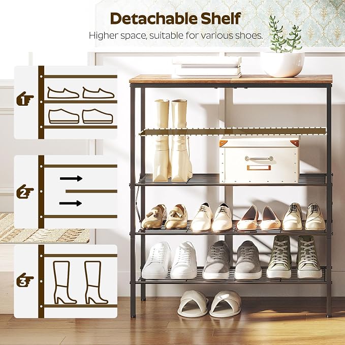 YATINEY 5-Tier Shoe Rack, Shoe Storage for Entryway and Closet, Free Standing Shoe Organizer with Metal Mesh Shelves, 16-20 Pairs of Shoes, Rustic Brown and Black SS05BR - Image 5