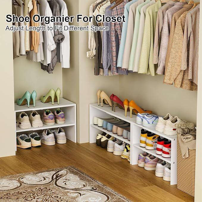 2 Pack White Shoe Rack for Closet, 2-Tier Expandable Small Shoe Shelf, Stackable Iron Wood Combination Shoe Organizer Racks Shelves for Closets, Entryway, Hallway, Garage, Holds 12-24 Pairs - Image 6