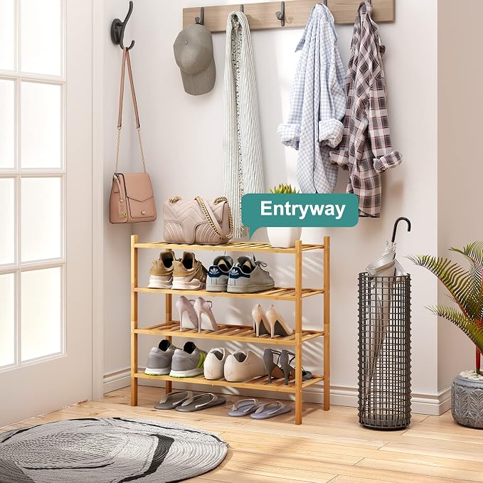 viewcare 4-Tier Bamboo Shoe Rack for Entryway, Stackable | Foldable | Natural, Shoe Organizer for Hallway Closet, Free Standing Shoe Racks for Indoor Outdoor - Image 4