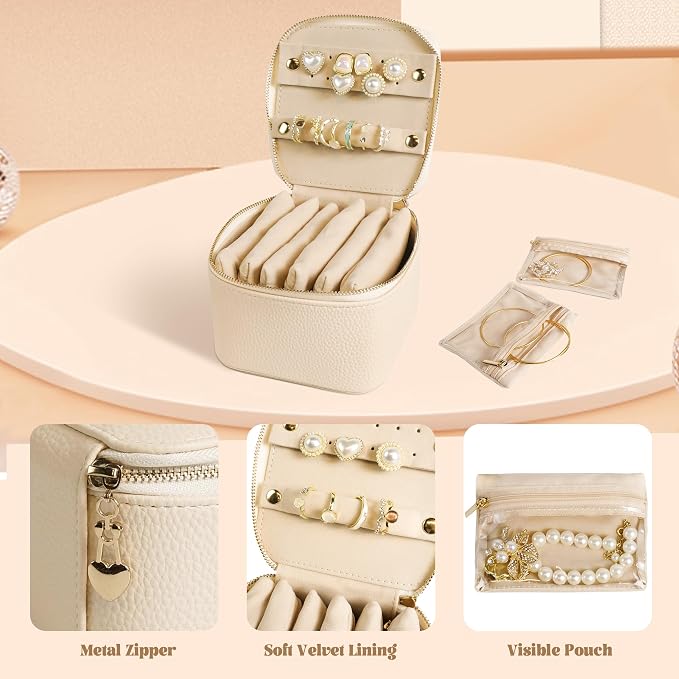 Travel Jewelry Case, Small Travel Jewelry Box with 6 Velvet Jewelry Bag Mini Pouch, Portable Travel Jewelry Organizer for Rings Earrings Necklaces, Beauty Gifts for Women Girls (Beige) - Image 3