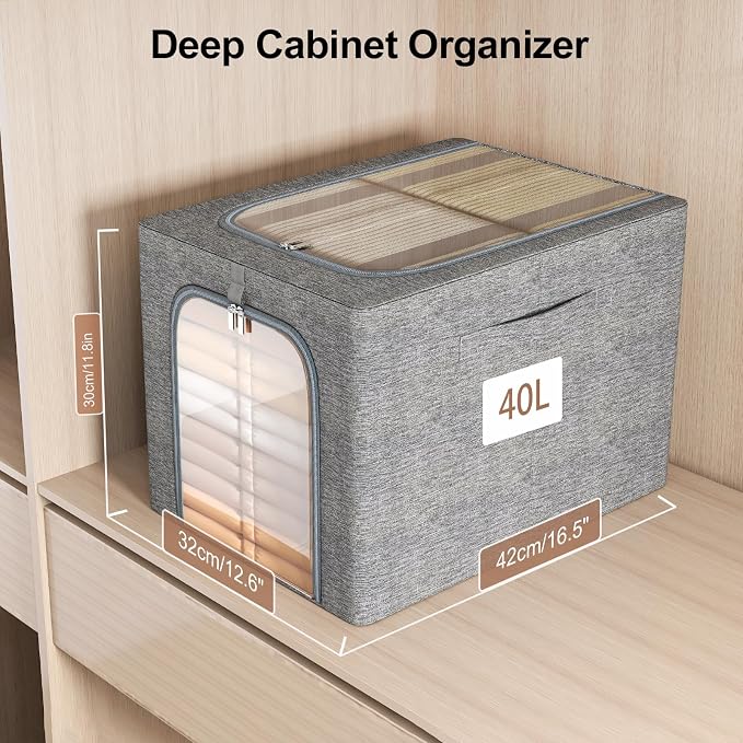 GoMaihe Clothes Storage Bin with Metal Frame: 4-Pack Stackable Closet Storage Bin with Lid & Clear Window, Sweater Boxes Storage for Closet Clothing Bedding Storage Organizer 40L - Image 3