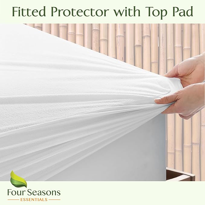 Four Seasons Essentials King Size Waterproof Mattress Protector - Cooling Viscose derived from Bamboo Fitted Sheet Mattress Cover - Quilted Jacquard Pad Protects from Dust Allergens