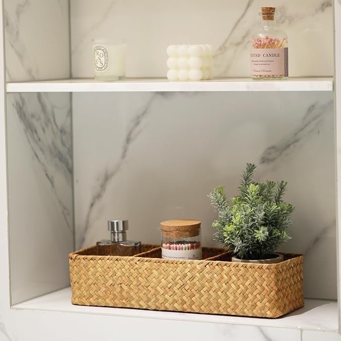 Seagrass Storage Basket 3 Sections Woven Shelf Baskets with Compartment (Natural, 14.6inch x 4.7inch x 3.1inch) - Image 3