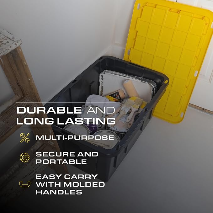 CX Black & Yellow 27-Gallon Heavy Duty Storage Bins with Lids, Stackable Plastic Storage Bins with Weather-Resistant Design, Home Organization, 4 Pack (14.3"H x 20.6"W x 30.6"D) - Image 5