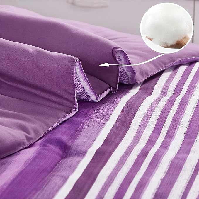 KAKIJUMN 5 Piece Bed in a Bag Stripe Comforter Set Twin Size, White and Purple Patchwork Striped Comforter and Sheet Set, All Season Soft Microfiber Complete Bedding Sets(Purple,Twin)