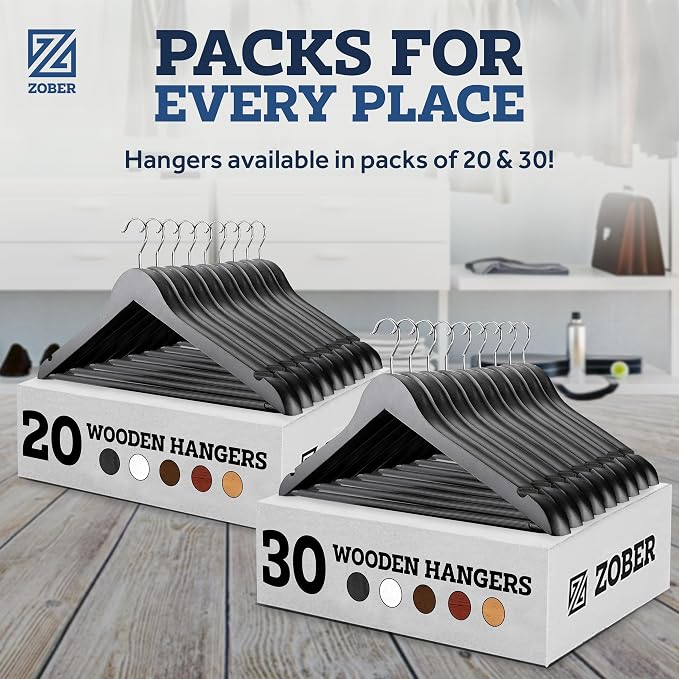 ZOBER Black Wooden Hangers - Heavy Duty, Non Slip Wood Hangers for Coats, Jackets, Suits, & Pants - Coat Hangers for Closet W/Bar and Notches 20 Pack - Image 8