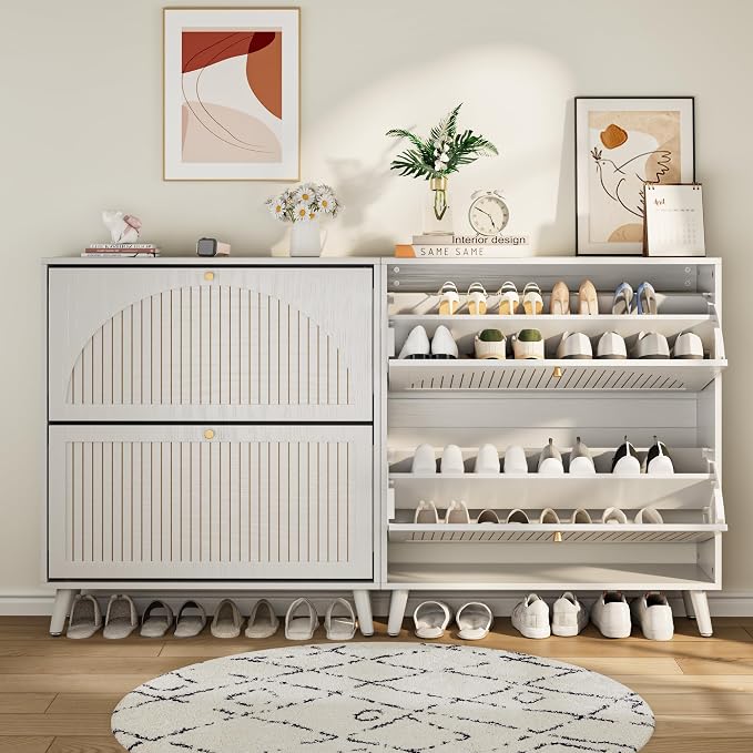 Fsbecl Shoe Storage Cabinet for Entryway with 2 Flip Drawers, Narrow Wood Shoe Cabinet with Fluted Panel, Freestanding Hidden Shoe Organizer for Foyer, Hallway (White - with Shelf) - Image 9