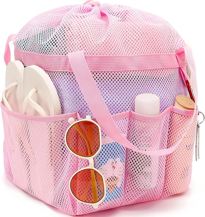 Fammart Mesh Shower Caddy Portable with Drawstring, Dorm Room Essentials for College Girls Guys, 8-Pocket Extra Large Shower Bag Basket Tote for Camping Beach Gym Travel Toiletry Bathroom by Fammart