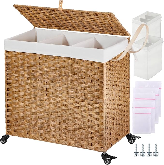 Greenstell Laundry Hamper with Wheels&Lid, 130L Large 3 Sections Clothes Hamper with 2 Types Removable Liner Bags, 5 Mesh Laundry Bags, Handwoven Divided Laundry Basket for Clothes, Natural by Greenstell