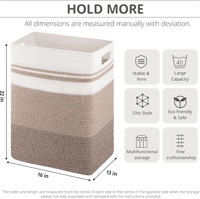 OIAHOMY Rectangle Laundry Basket, Large Laundry Hamper with Handles, Cotton Blanket Basket for Living room, Woven Decorative Storage Basket for Clothes,Pillows-16x13x22in-Gradient Yellow - Image 4