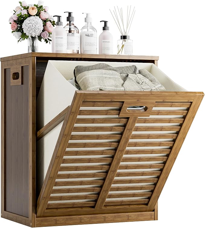 HITNET Bamboo Tilt Out Laundry Hamper, Bathroom Storage Cabinet with Hidden Removable Basket and 3 Sides Cutout Handles, Freestanding Hamper Organizer for Dirty Clothes, Walnut by HITNET