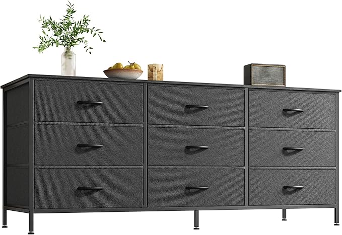 Huuger 9 Drawer Dresser, 55 Inch TV Stand for 55, 60 Inch TV, Entertainment Center with Drawers, Large Storage Fabric Dresser for Bedroom, Closet, Black