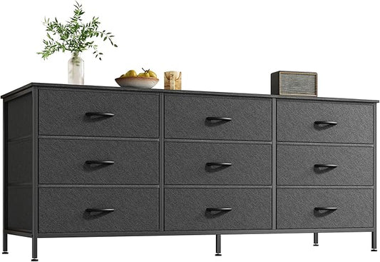 Huuger 9 Drawer Dresser, 55 Inch TV Stand for 55, 60 Inch TV, Entertainment Center with Drawers, Large Storage Fabric Dresser for Bedroom, Closet, Black