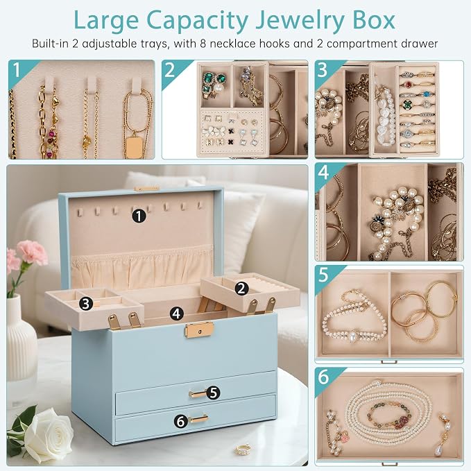 AKOZLIN Travel Jewelry Box Organizer Functional 2-trays Leather Jewelry Storage Case with Lockable Portable 2 Drawers for Women Girls Ring Necklace Earring Bracelet - Image 4