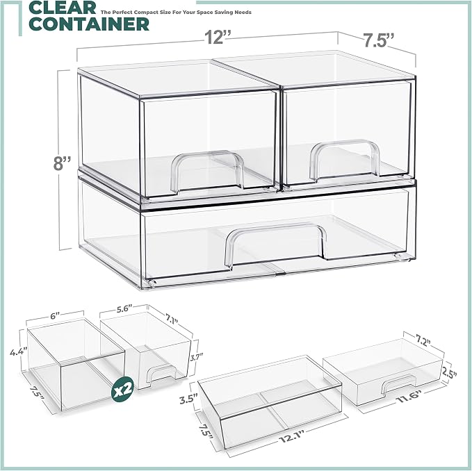 Sorbus Stackable Acrylic Storage Drawers – 2 Small + 1 Wide – 3 Pack Clear Plastic Organizer Bins for Baby Bottles, Makeup, Bathroom & Vanity, Pull-Out Drawer Design for Kitchen Cabinets - Image 3