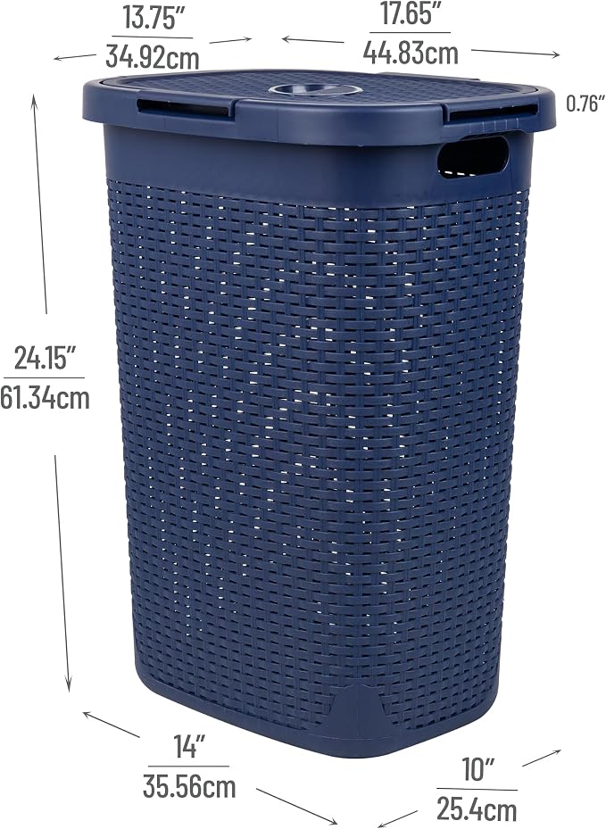 Mind Reader Slim Laundry Hamper with Lid, 60L Tall Clothes Basket, Narrow Tapered Design for Bathrooms, Closets and Laundry Rooms, Plastic, Navy - Image 3