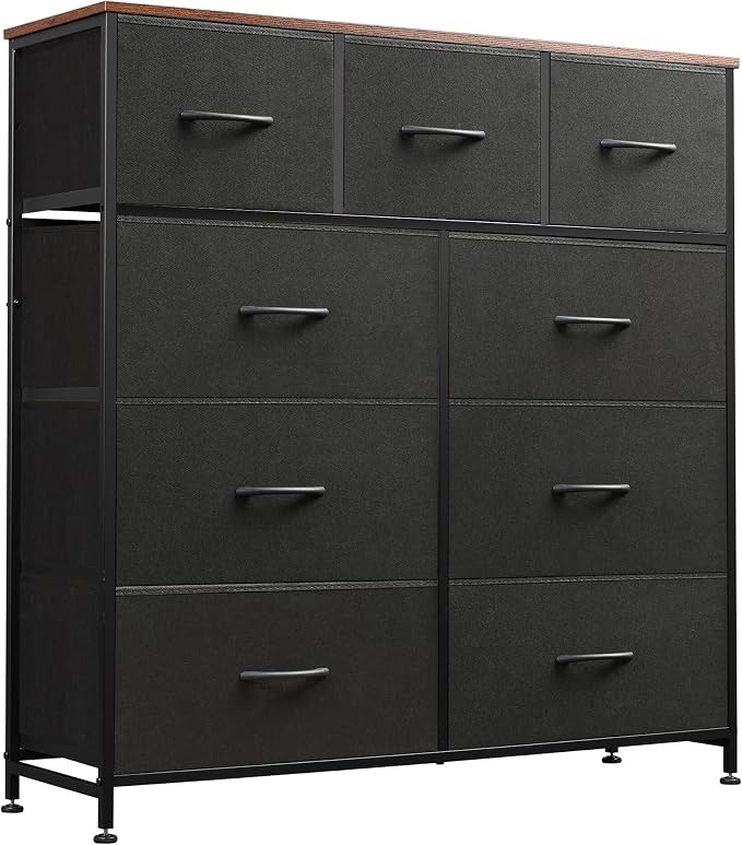 WLIVE 9 Drawer Dresser, Fabric Storage Tower for Bedroom, Hallway, Closet, Tall Chest Organizer Unit for Bedroom with Fabric Bins, Steel Frame, Wood Top, Easy Pull Handle, Black and Rustic Brown by WLIVE