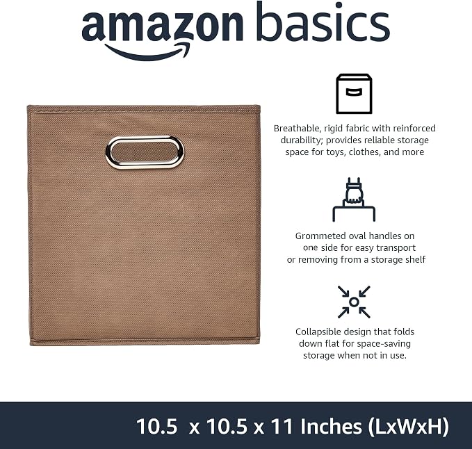 Amazon Basics Collapsible Fabric Storage Bins with Handle, Sturdy Space-Saving Cube Organizer, 10.5" x 10.5" x 11", Taupe, 6-Pack - Image 2