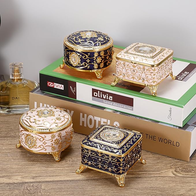 Hipiwe Metal Jewelry Box Small Treasure Chest Box Vintage Round Trinket Organizer Ring Holder Enameled Jewelry Box for Earrings Necklace Holder Gift for Birthday Christmas,Home Decor,Beige - Image 7