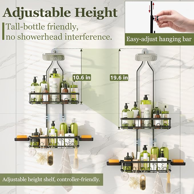 Skyapex Shower Caddy Hanging: Adjustable Height Organizer for Over Showerhead - Black Rustproof Shower Shelves with Hooks & 2 Soap Holders - Image 3