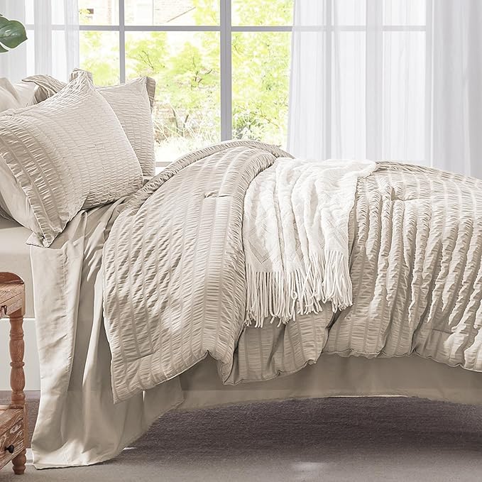 Zzlpp Twin Comforter Set 5 Pieces, Beige Seersucker Bed in a Bag with Comforter and Sheets, All Season Bedding Sets with 1 Comforter, 1 Pillow Sham, 1 Pillowcase, 1 Flat Sheet, 1 Fitted Sheet