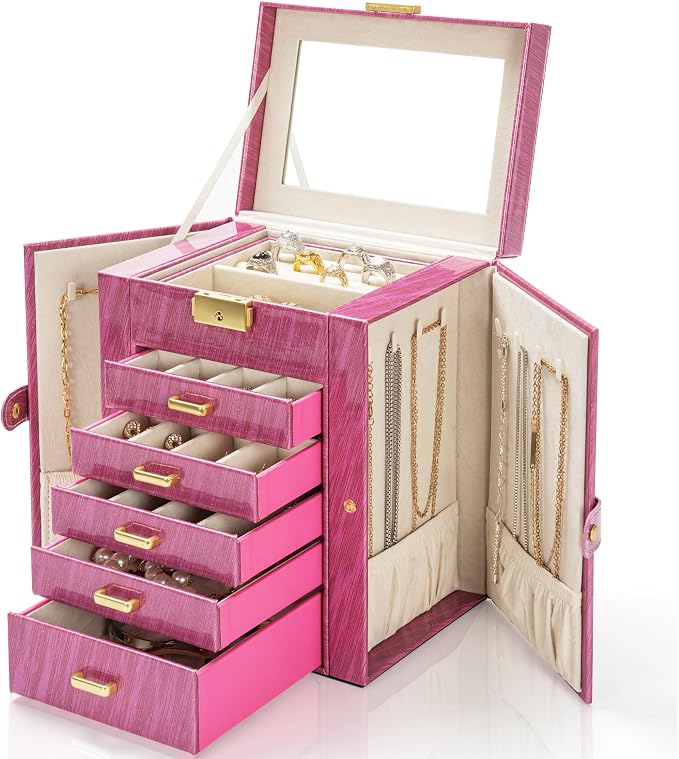 AKOZLIN 6-Tier Jewelry Box Lockable Leather Jewelry Storage Case with 5 Drawers for Women Girls Ring Necklace Earring Bracelet Holder Organizer with Mirror Rose - Image 8