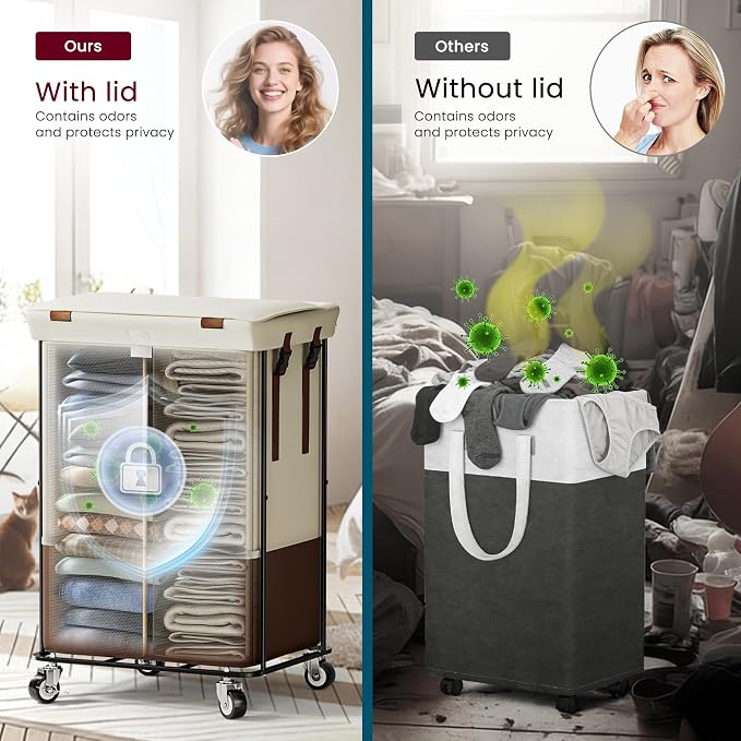Double Laundry Hamper with Lid, Rolling Laundry Basket with Wheels and 2 Removable 75L Bags, 2 Section Large Capacity for Laundry Bedroom Bathroom Dorm, Easy Move & Organize,150L White - Image 7