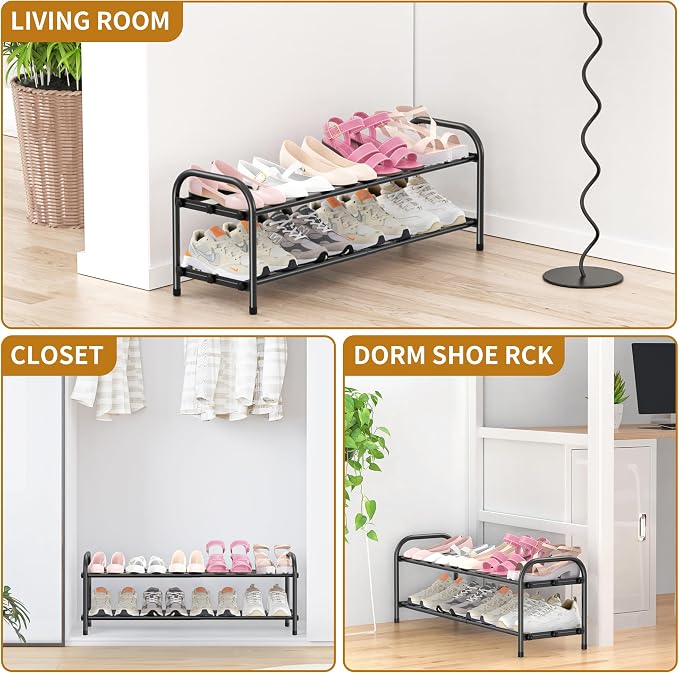 Hleelomi 2-Tier Expandable Shoe Rack for Entryway，Adjustable Metal Shoe Organizer for Closet,Living Room,Dorm,Black - Image 8
