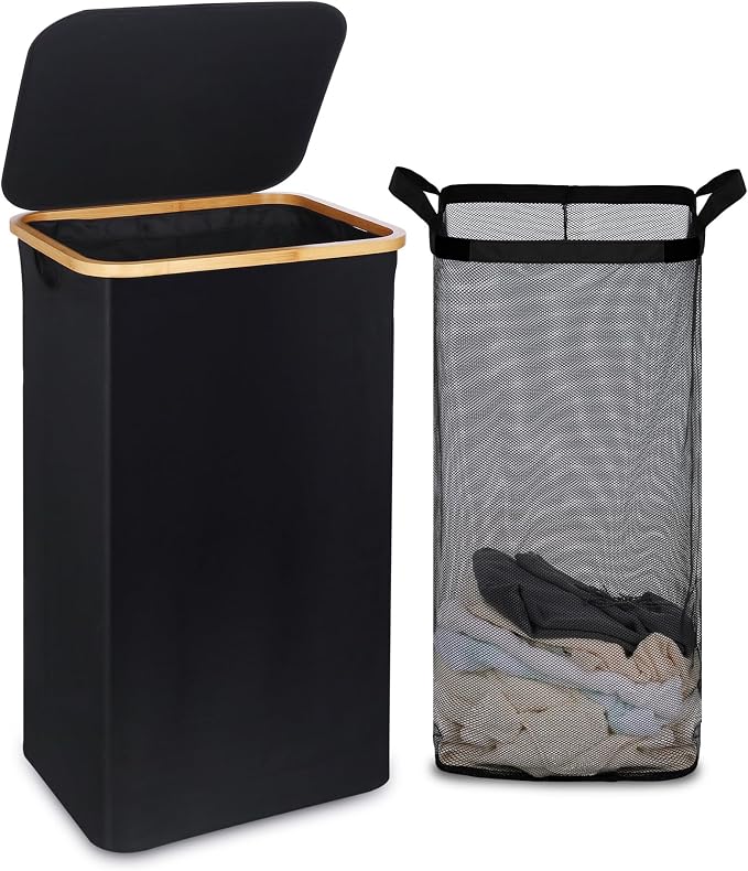 efluky 100L Laundry Basket with Lid and Net Bag, Tall Laundry Hamper with Bamboo Handles, Aesthetic Dirty Clothes Bin for Laundry Room, Bathroom, Bedroom and Dorm, Black by efluky