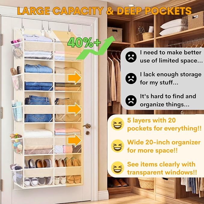 2 Pack Over the Door Organizer 5 Tiers, Extra Large Behind Door Storage of 10 Compartments, 80 lbs Weight Capacity Over Door Organizer, Door Hanging Organizer for Closet, Diaper Organizer, Beige - Image 2
